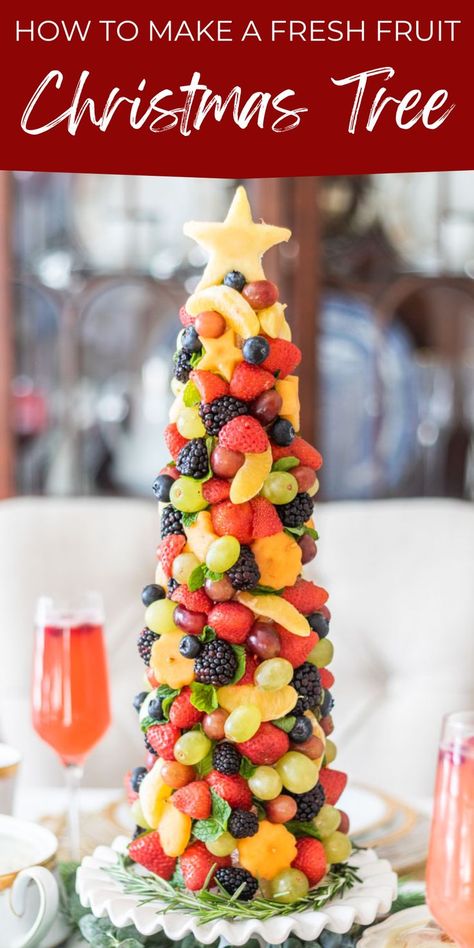 This fruit Christmas tree is not only stunning to include on your brunch table or buffet, but tastes great too. The best thing is that it is so easy to make and even the kids can get involved. fruit christmas tree. fruit christmas tree ideas. fruit christmas tree DIY. Christmas Tree Fruit Display, Fruit Charcuterie Tree, Christmas Fruit Display Ideas, Christmas Fruit Ideas Parties, Christmas Tree Shaped Fruit Tray, Christmas Fruit Bouquet, Reindeer Fruit Platter, Christmas Fruit Tray Ideas Xmas Trees, Christmas Fruit Kabobs For Party