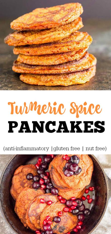 A delicious and easy anti-inflammatory breakfast. Gluten free. Nut free. Crazy good pancakes. #glutenfreerecipes #glutenfreepancakes #paleopancakes #nutfreepancakes #turmeric #anti-inflammatory #breakfast #savorylotus Turmeric Food Recipes, Spice Pancakes, Inflammatory Diet Recipes, Pancakes Gluten Free, Breakfast Gluten Free, Turmeric Spice, Inflammation Recipes, Anti Inflammation Recipes, Inflammatory Recipes