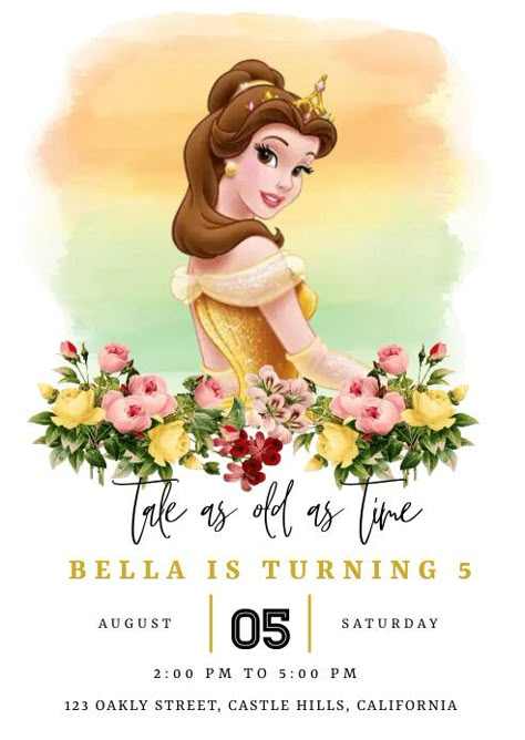 Princess Belle Disney Invitations Birthday, Princess Birthday Invitations Templates, Invitation Princess Theme, Princess Invitation Template, Belle Party Ideas, Princess Poster, Disney Princess Invitations, Bridal Show Booths, Belle Birthday Party