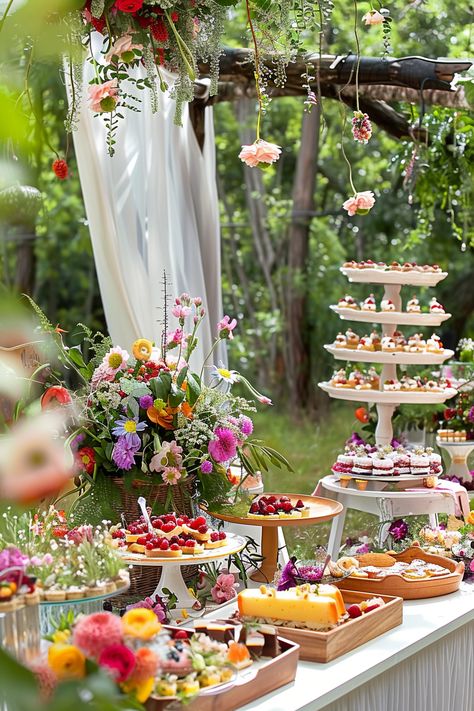 Garden Party Wedding Shower Decorations, Outdoor Tea Party Aesthetic, Bridal Shower Garden Party Decorations, Fairy Garden Brunch, Garden Bday Party Ideas, Whimsical Wedding Food, Garden Engagement Party Decorations, Garden Party Dessert Table, Wildflower Wedding Ideas