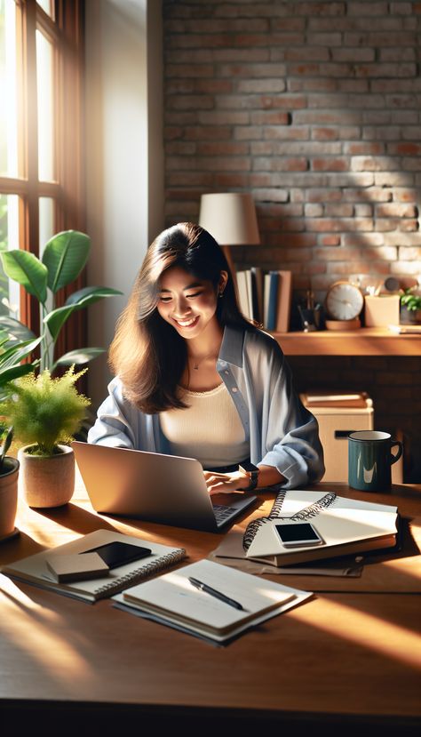 Bright young professional beaming, engrossed in a remote job on a laptop amidst a cozy homely setup. Soft sunlight pours in, enhancing the vibrant, highly productive atmosphere. Click the link in the bio for a $25+/hr remote job opportunity. #WorkFromHome #RemoteJobs #Freelance #JobOpportunity #DigitalNomad #ProfessionalLifestyle Happy At Work Picture, Working Outside Aesthetic, Happy Job Aesthetic, Remote Work Aesthetic, Happy Working, 2025 Goals, Happy At Work, Sales Girl, Leaving A Job