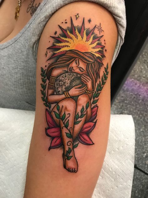 Boho Mom Tattoo, Hippy Tattoo Sleeve, Earth Women Tattoo, Mystical Tattoos For Women Leg, Mother Nature Tattoos Goddesses Divine Feminine, Hippy Sleeve Tattoos For Women, Meditation Tattoos For Women, Mother Nature Tattoos For Women, Before And After Tattoo Cover Ups