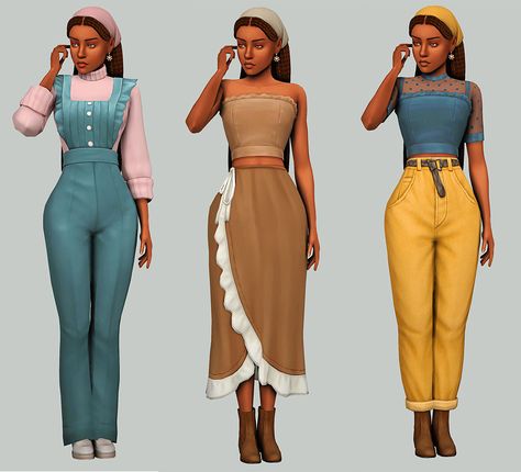 Sims 4 Cc Lookbook Maxis Match, Cottage Core Sims 4 Cc, Overalls And Boots, Cottage Core Clothes, Cottage Core Outfit, Cottage Core Fashion, Pelo Sims, Sims 4 Mm Cc, Sims 4 House Design