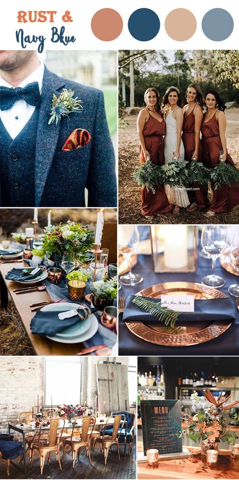 Rust gold and navy blue fall wedding color inspiration Boho Wedding With Navy Blue, Blue And Silver Fall Wedding, Navy Blue And Rust Bridesmaid Dresses, Navy Wedding Colors Fall Colour Palettes, Steel Blue And Rust Wedding, Navy Cinnamon Wedding, Brown Orange And Blue Wedding, Navy Blue Grey And Burnt Orange Wedding, Navy Blue And Earth Tone Wedding