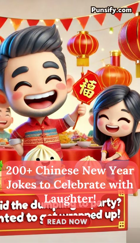 Celebrate Chinese New Year with these hilarious jokes that’ll bring joy and laughter to your gatherings. Save and follow for festive fun filled with clever puns and light-hearted humor to share with family and friends. Whether you’re enjoying the traditions or just love a good laugh, these jokes will add a touch of humor to the Year of the Dragon! #ChineseNewYearJokes #CelebrateWithLaughter New Year Jokes, One Liner Jokes, Hilarious Jokes, Jokes For Kids, Year Of The Dragon, One Liner, New Year Celebration, You Funny, Bones Funny