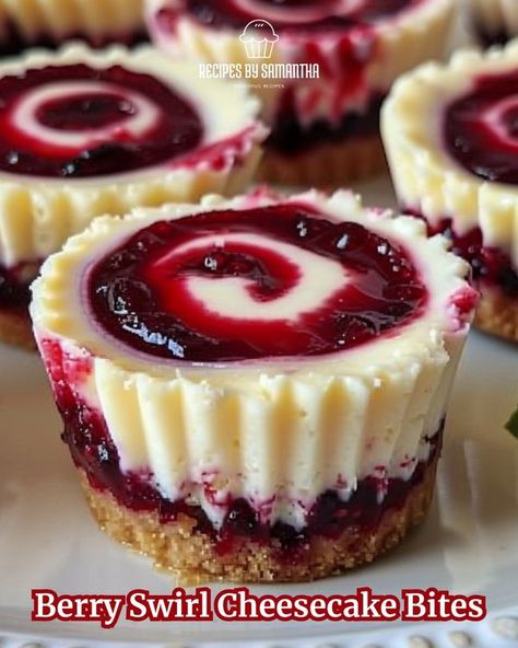 Berry Swirl Cheesecake Bites, Blueberry Swirl Cheesecake, Blackberry Swirl Cheesecake, Raspberry Cheesecake Swirls, Swirled Blackberry Cheesecake, Cheesy Snack, Yummy Cheesecake, Fruity Cake, Cheesecake Bites