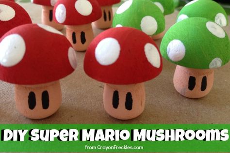 Crayon Freckles: DIY Super Mario Wooden Mushrooms Diy Goomba, Mushroom Diy, Super Mario Mushroom, Mario Crafts, Wooden Mushrooms, Super Mario Bros Party, Teen Crafts, Mario Bros Party, Mushroom Crafts