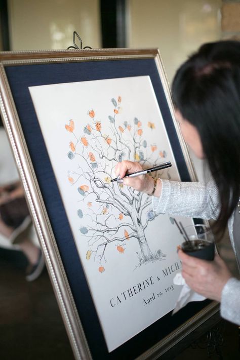 Framed fingerprint tree as a guestbook at our wedding! Guests put their fingerprints as "leaves" on the branches and then sign or initial their fingerprint. The tree was drawn by Bleu de Toi - the original artist behind the now popular fingerprint trees!  This is now hanging up in our dining room :)  Great memories every time I see it! Fingerprint Tree, Wedding Illustration, Outdoor Wedding Decorations, Tree Wedding, Finger Painting, Wedding Art, Great Memories, Original Artists, Tree Painting