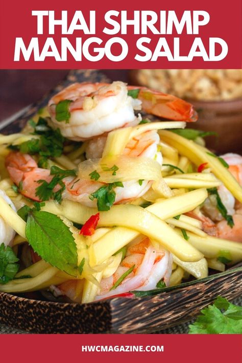 Thai Shrimp Mango Salad (Yam Mamuang Goong Sod) is a light refreshing Asian salad made with julienned “green mango”, fresh herbs, jumbo shrimp and tossed with our spicy Thai Prik Nam Pla Sauce. #HWCMagazine #lettucewraps #shrimp #lowcarb #ketodiet #salad #thaicuisine #springrecipe #summerrecipe #easyrecipe #spicyshrimp #greenmangosalad #thaisalad #saladrecipe #priknampla #spicyshrimpsalad/ https://www.hwcmagazine.com Spicy Shrimp Salad, Shrimp Mango, Thai Mango Salad, Green Mango Salad, Thai Shrimp, Spring Recipe, Thai Salads, Green Mango, Spicy Thai