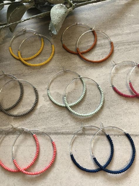 Sterling Silver Seed bead hoop earrings | Etsy Silver Beaded Hoop Earrings, Seed Bead Hoop Earrings Diy, Seed Bead Hoop Earrings Tutorial, Handmade Earring Ideas, Hoop Earring Ideas, Diy Hoop Earrings, Simple Bead Earrings, Simple Beaded Necklace, Bead Spinner