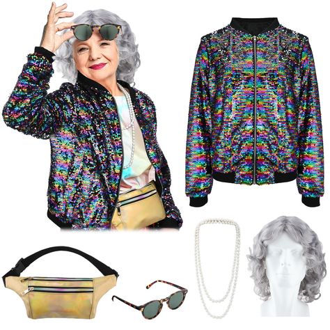 PRICES MAY VARY. Package Includes: you will receive Halloween costume set, including 1 piece grey curly old lady costume wig, 1 women's sequin long sleeve jacket, 1 gold laser bag, 1 string of pearls necklace and 1 brown decorative glasses, abundant costume accessories will turn you into a Halloween party Suitable Size: grey granny wig size is universal, sequin jacket is plus size, bust 41'' length 22'' sleeve length 24'', golden laser bag large capacity can be used for daily use, pure white pea Bingo Lady Costume, Old Lady Group Costume, Bingo Granny Costume, Old Lady Halloween Costume For Kids, Cool Grandma Costume, Mexican Old Lady Costume, Rich Old Lady Costume, Old Lady Dress Up, Granny Costume For Adults