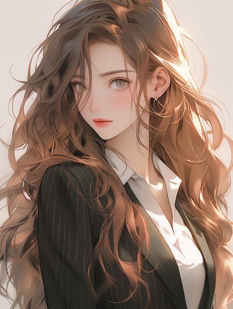 Digital art of a young woman with long wavy light brown hair, light green eyes, and is wearing a suit Anime Rendering, Long Wavy Brown Hair, Wavy Brown Hair, Black Wavy Hair, Background Anime, Expressive Eyes, Novel Characters, Girl With Brown Hair