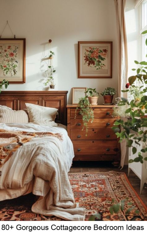 These cottagecore bedroom ideas encompass a cozy and rustic aesthetic, featuring floral patterns, vintage decor, and natural elements. Bedroom Ideas Cherry Wood Furniture, Cottagecore Primary Bedroom, Cottage Inspo Interior Design, Vintage Interior Design Bedroom, Cottage Core Master Bed, Boho Cottagecore Bedroom, Bedframe Aesthetic, Light Cottagecore Aesthetic, Country Modern Bedroom