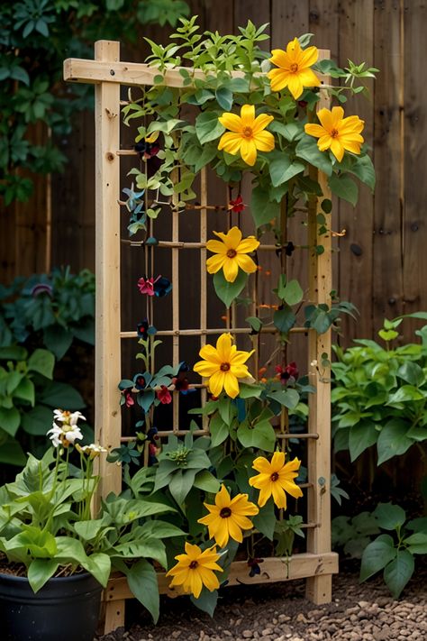 10 Best Flowers For Trellis Fence Trellis Ideas Climbing Vines, Wire Garden Trellis, Patio Trellis Ideas, Fence Trellis Ideas, Climbing Flowers Trellis, Trellis Art, Backyard Hill, Backyard Hill Landscaping, Trellis Flowers