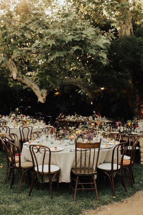 Mid Day Wedding, Winery Vibes, Forest Theme Wedding, Rustic Wedding Decorations, Garden Wedding Reception, Garden Reception, Wooden Chairs, Outdoor Dinner, Fairy Wedding