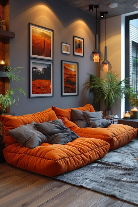 19 Trendy College Dorm Room Ideas (New) Cinema Sofa Bed, Apartment Aesthetic Colorful, Orange Living Room Decor Ideas, College Living Room Ideas, Trendy Dorm Room Ideas, Chill Apartment Vibes, 70s Inspired Living Room, Green Room Design, Mint Green Room