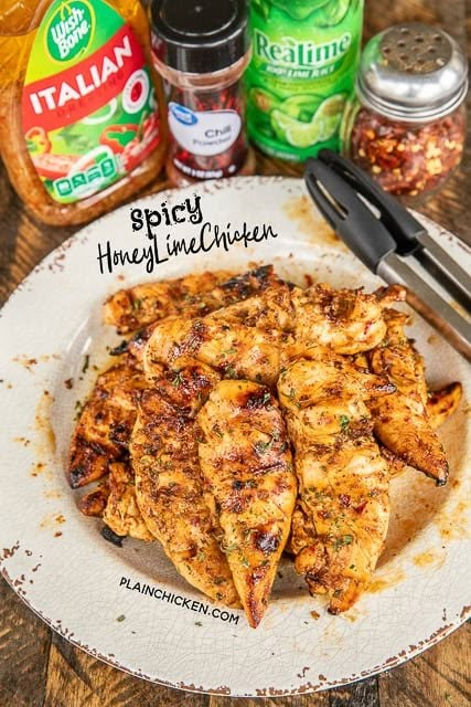 Grilled Spicy Honey Lime Chicken Tenders - seriously delicious! Chicken is marinated in only 5 ingredients - Italian dressing, lime juice, honey, chili powder, and red pepper flakes. I always double the recipe and never have any leftovers! Can use chicken tenders, breasts, thighs or drumsticks. A family favorite! #grilling #BBQ #grilledchicken #marinade #grill Honey Lime Italian Dressing Chicken, Spicy Crackers, Chicken Honey, Grilled Chicken Tenders, Honey Lime Chicken, Easy Grilled Chicken, Plain Chicken, Chicken Tender Recipes, Spicy Honey