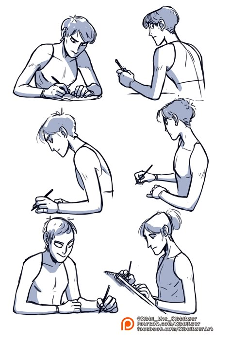 Camera Poses Drawing, Healing Wounds Drawing Reference, Pose Reference Writing, Sitting Reading Book Pose Reference Drawing, Kibbilzer Pose, Person Writing Reference Pose, Leaning On Desk Pose Drawing, Teacher Drawing Reference, Arms On Table Pose