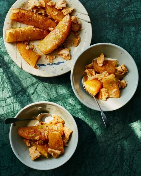 Benjamina Ebuehi’s roast pineapple with coconut brittle | Dessert | The Guardian Roast Pineapple, Coconut Brittle, Caramelized Fruit, Pineapple Dessert, Pineapple Syrup, Roasted Pineapple, Pineapple Coconut, Golden Syrup, Fruit Recipes