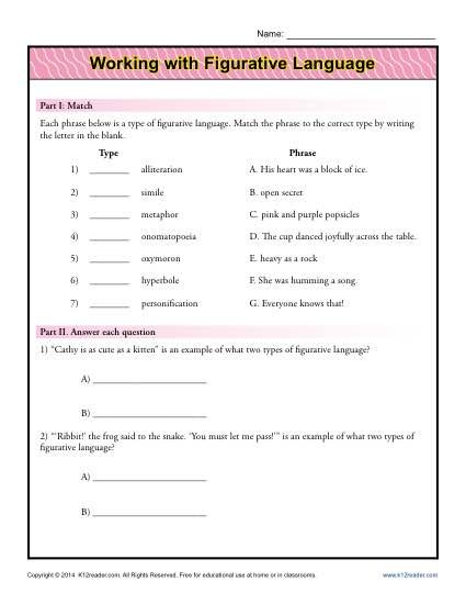 Working With Figurative Language - Free, Printable Worksheet Lesson Activity Figurative Language Lessons, Poetry Worksheets, Language Quiz, Figurative Language Worksheet, Figurative Language Activity, Poetic Devices, Teaching Figurative Language, Language Arts Worksheets, Similes And Metaphors