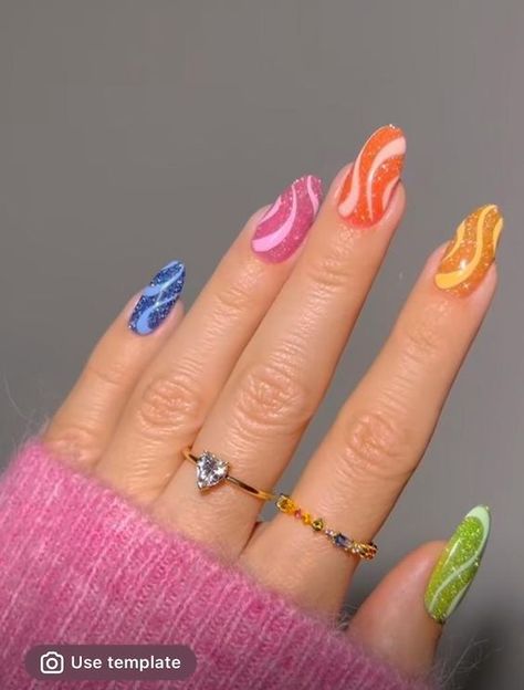 Gel art nail design with glitter, multi color Sparkly Nails Colorful, Rainbow Sparkly Nails, 70s Disco Themed Nails, Colorful Sparkly Nails, Rainbow Inspired Nails, Disco Nail Designs, Colorful Cat Eye Nails, Summer Nails Glitter Sparkle, Glitter Cuticle Nails