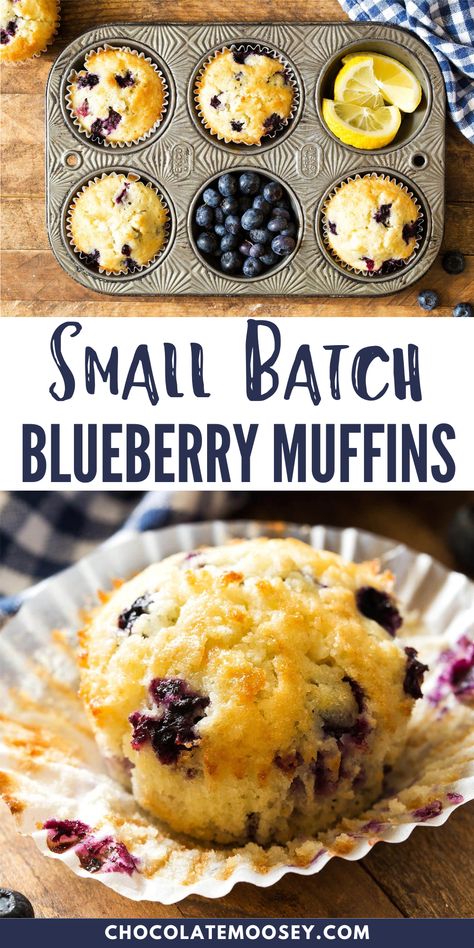 Moist Small Batch Blueberry Muffins without sour cream is a 6 muffin recipe bursting with fresh blueberries in every bite. Made with a hint of lemon, these homemade blueberry muffins are scaled down for small households. What makes my small batch muffins different than other recipes out there is the recipe uses 1 whole egg, making 6 muffins. I saw similar recipes using only egg whites. Small Batch Muffins, Small Batch Blueberry Muffins, Mini Blueberry Muffins, Blueberry Muffins Recipe, Delicious Muffins, Homemade Blueberry Muffins, Small Batch Baking, Berry Muffins, Lemon Blueberry Muffins