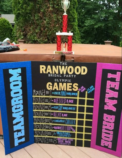 Bridal party Olympics scoreboard! Beer Olympics Party, Wedding Party List, Beer Olympics, Wedding Photos Ideas, Beer Olympic, Bridal Party Games, Party List, Olympic Party, Funny Bachelorette