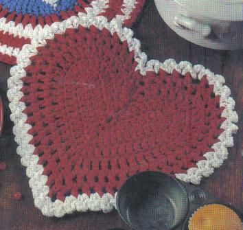 Materials: Worsted Weight Yarn Red (MC) 2 ½ oz, White (CC) 3/4 oz   Crochet Hook Size H or 5.00 mm   Note: Entire Hot Pad is worked hol... Heart Dishcloth, Crocheted Potholders, Valentine Crochet, Crocheted Heart, Crochet Valentine, Crochet Coasters Free Pattern, Crochet Hot Pads, Crochet Heart Pattern, Crochet Dishcloth