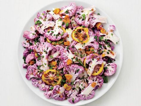 Get Shaved Purple Cauliflower Salad Recipe from Food Network // 132 cal, 3g protein — add protein Cauliflower Salad Recipe, Purple Cauliflower, Cauliflower Salad, Fall Cooking, Weeknight Dinner Recipe, Baking With Kids, Special Dinner, Kitchen Food, Vegetable Sides