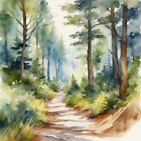 Embark on a journey through the heart of the forest, where winding roads lead to endless adventures. 🌲🛤️ Explore the allure of nature's pathways with our captivating forest scenery collection. https://prismplay.etsy.com #wallart #printables #natureinspired #watercolor #templates Forest Watercolor Painting Easy, Watercolor Pathway, Watercolor Forest Landscape, Watercolor Templates, Scenery Illustration, Watercolor Painting Easy, Intro To Art, Watercolour Landscapes, Watercolor Scenery