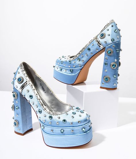 Baby Blue Rhinestone Embellished Platform Heels - Unique Vintage - Womens, SHOES, HEELS Light Blue Platform Heels, Prom Shoes Blue, Baby Blue Shoes, Baby Blue Heels, Blue Platform Heels, Princess Heels, Blue High Heel Shoes, Mermaid Shoes, Homecoming Shoes