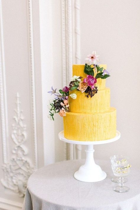 Colorful luxe spring wedding inspiration at the new Olana venue Dallas - 100 Layer Cake Yellow Cakes, Wedding Cake With Flowers, Crazy Wedding Cakes, Floral Cascade, Yellow Wedding Cake, Cake Yellow, Colorful Wedding Cakes, Cake With Flowers, Floral Wedding Cake