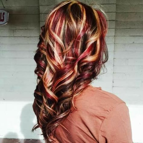 Hair Color Ideas Bright Colors, Red Tip Hair, Fun Red Hair Color Ideas, Fall Hair Colors For Blondes Caramel Red, Dark Red And Blonde Hair Color, Brown Hair With Red And Blonde Highlights, Fun Fall Hair Colors, Red And Blonde Highlights, New Hair Color Ideas