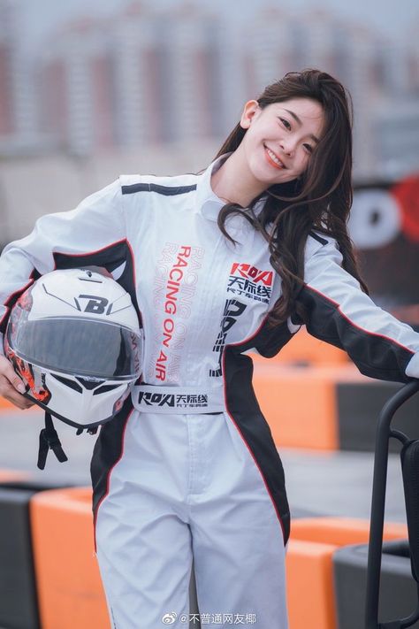 Motor Racing Aesthetic, Racer Pose Reference, Motorcyclist Outfit, Car Racing Outfit, Female Racer Aesthetic, Racing Photoshoot, Racer Outfit, Female Racers, Garage Photoshoot