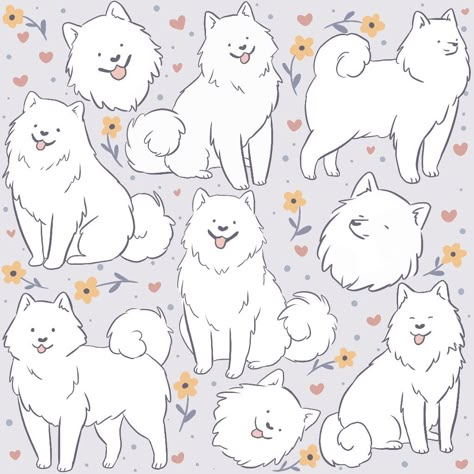 A cute samoyed dog cartoon illustration pattern for samoyed lovers - the adorable and lovely white dog illustration Dog Pattern Illustration, White Dog Illustration, Cute Samoyed, Chibi Dog, Cute Dog Drawing, Pink Backgrounds, Cute Fluffy Dogs, Samoyed Dog, Samoyed Dogs