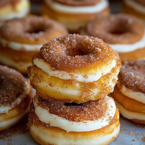 Indulge in these Cinnamon Kissed Cheesecake Donut Cookies! Perfectly sweet and spiced, these cookies are easy to make and simply irresistible. Donut Bars Recipe, Do Nuts Donut Recipes, Comfort Baked Goods, Churro Donuts Baked, Cake Flour Donut Recipe, Cinnamon Kissed Cheesecake Donut Cookies, Cheesecake Donuts Recipe, Angel Cream Donut Filling, Donut Sandwich Ideas