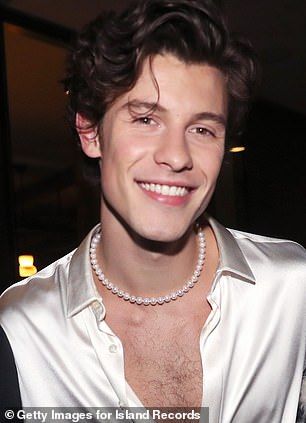 A little jewelry: Singer Shawn Mendes has also worn them on multiple occasions (pictured i... Shawn Mendes Earrings, Guys Wearing Pearls, Men Wearing Jewelry, Men Wearing Pearls, Pearl Necklace Outfit, Mens Pearl Necklace, Pearl Necklace Men, Mens Accessories Necklace, Wearing Pearls