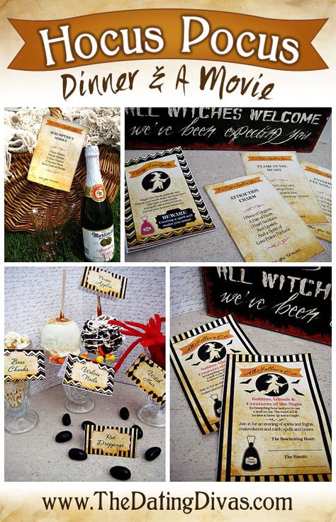 Hocus Pocus themed Dinner & a Movie with a FREE download for all the fun printables.  The flirty love spell book is my favorite.  Hubby's gonna loooove me! Hocus Pocus Themed Dinner, Hocus Pocus Dinner, Movie Night Dinner, Hocus Pocus Party, Disney Dinner, Disney Movie Night, Movie Themed Party, Halloween Movie Night, Themed Dinner