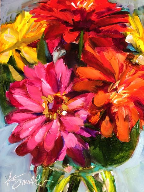 Zinnias is an original oil painting by Lancaster, PA, artist Kim Smith. Click link to watch it being created while painting live on Instagram. #floralart #homedecor #paintinginspiration #oilpaintingdemo #oilpaintinglesson #floralpaintingdemo Zinnias Painting, Zinnia Painting, Ali Kay, Oil Painting Demos, Kim Smith, Oil Painting Lessons, Art 2022, Left Brain, Master Board