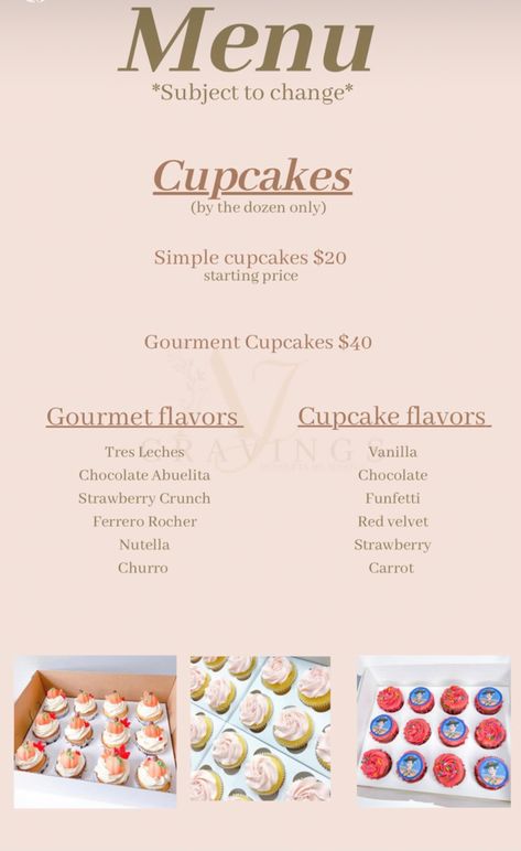 Cupcake Selling Ideas, Cupcake Pricing Chart 2023, Small Baking Business Aesthetic, Cupcake Menu Ideas, Dessert Price List, Cupcake Small Business, Baking Price List, Cupcake Buisness Ideas, Cupcake Menu Design