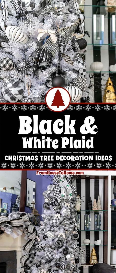 Plaid-inspired Christmas tree decor in classic black and white. Farmhouse Buffalo Plaid Christmas Tree, White Plaid Christmas Tree, Black And White Plaid Christmas, Buffalo Check Christmas Decor, Buffalo Plaid Christmas Decor, House To Home, Black And White Christmas, Buffalo Plaid Christmas Tree, Plaid Christmas Decor