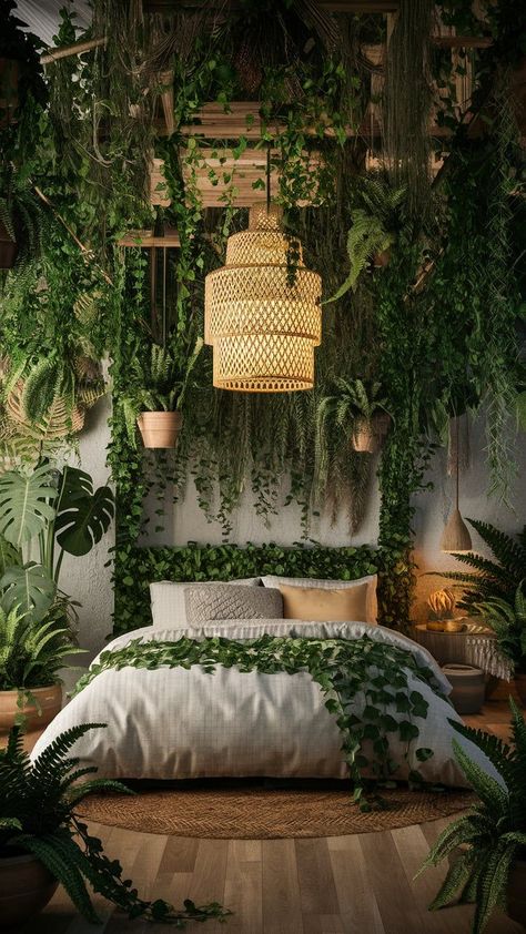 A woven basket-style hanging light enhances the organic feel. Perfect for plant lovers! Plant Wall In Bedroom, Green Plants Bedroom, Bedroom Plants Decor Ideas, Boho Plant Room, Bedroom With Plants, Boho Bedrooms, Potted Ferns, Plants Hanging, Boho Style Bedroom