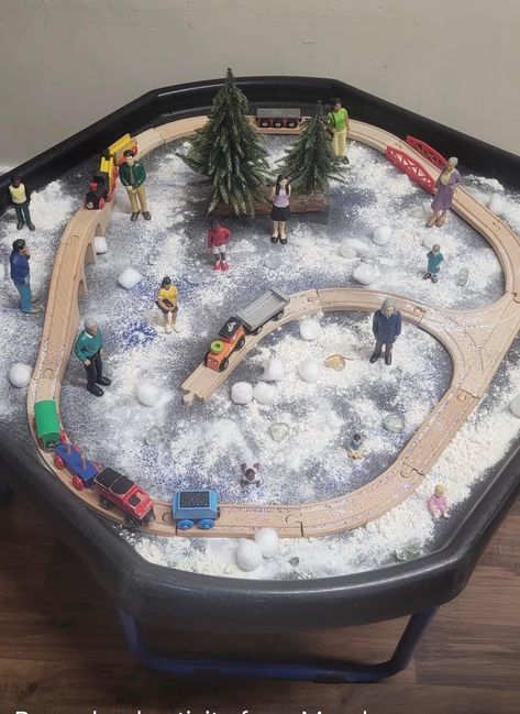 Polar Express Tuff Tray, Winter Sensory Table, Sensory Bins For Preschool, Christmas Sensory Play, Winter Tray, Christmas Tree Village Display, Preschool Christmas Activities, Christmas Tree Village, Winter Activities Preschool