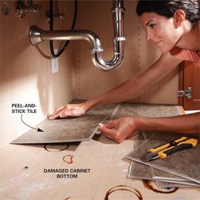 Peel and stick tiles under the sink. Looks clean and is easy to wipe the surface. SO need to do this here! Diy Bathroom Storage, Herringbone Backsplash, Real Estat, Kitchen Decorating, Home Upgrades, Home Repairs, Stick On Tiles, Diy Bathroom, Home Repair