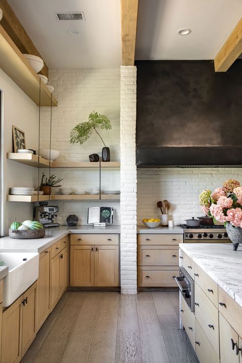 Fairbanks Gallery | Viv & Leone Modern Mediterranean Farmhouse, Kitchen With Brick, Cabin Retreat, Grey Interior Design, Island Countertops, Timeless Kitchen, Mediterranean Home, Family Kitchen, Luxury Homes Interior