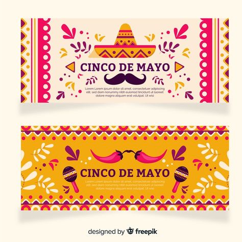 Flat cinco de mayo banners Free Vector | Premium Vector #Freepik #vector #banner #flower #floral #party Mexican Graphic Design, Banner Flower, Mexican Menu, Mexico Design, Bottle Design Packaging, Mexico Food, Food Banner, Fiesta Theme, Anniversary Logo