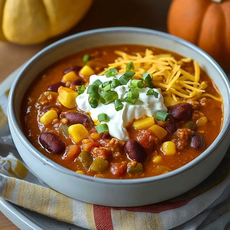 Cozy and flavorful pumpkin chili, perfect for fall. A hearty and healthy chili made with pumpkin, beans, and warming spices! Chili Pumpkin Recipe, Spicy Pumpkin Chili, Chili Beans Crockpot, Pumpkin Chilli, Classic Chili Recipe, Pumpkin Chili Recipe, Beans In Crockpot, Classic Chili, Healthy Chili