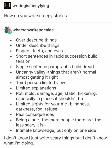 Helpful Story Writing Tips, Paranormal Writing Tips, How To Write Creepy Characters, Story Writing Beginning, Horror Drawing Tips, Horror Story Starters Writing Prompts, Horror Prompts Dark, Short Story Tips Creative Writing, Building Tension In Writing