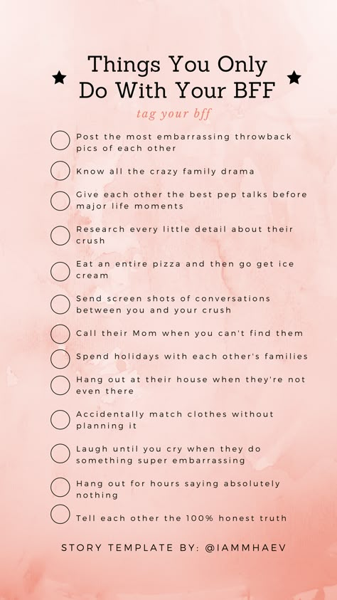 Things you only do with your BFF Instagram Story Template Question To Ask Your Male Best Friend, Bff Instagram Story, Things To Do On A Sleepover With Your Best Friend, Things You Should Know About Your Bff, Questions To Ask Your Male Best Friend, Things To Do With Your Male Best Friend, Gifts For Best Friends Male, Who Is Most Likely To Questions Game Bff, Gift Ideas For Male Bestie