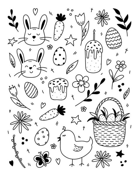 Set of Easter design elements. Cute faces of rabbits and a chick, festive Easter eggs in a basket, Easter cakes, spring twigs, flowers, carrots. Vector hand-drawn illustration in doodle style. Easter Doodles Easy, Easter Clip Art, Carrot Doodle, Easter Line Art, Easter Bujo Theme, Easter Doodles, Bunny With Carrot Drawing, Easter Calendar Doodles, Easter Elements